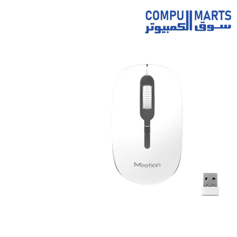 Close-up of MeeTion MiniGo BT mouse highlighting its 3 keys and opto-electronic operation mode[cite: 1]