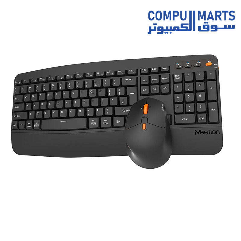 Close-up of the Meetion Director A2 ergonomic wireless mouse featuring 3 adjustable DPI levels and silent mute buttons