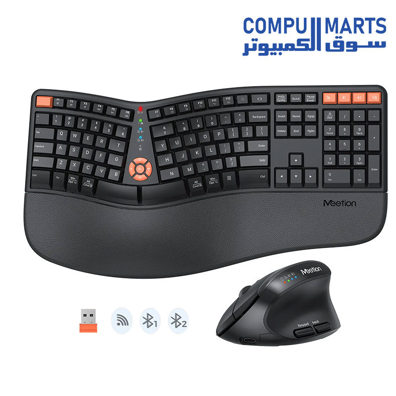 Meetion Director C2 Wireless & Bluetooth Dual Mode Ergonomic Keyboard and Mouse Combo – Rechargeable & Silent - black