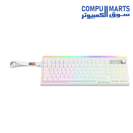 Close-up of Meetion VibeKey B98 wireless gaming keyboard displaying RGB colorful backlight and connection method options