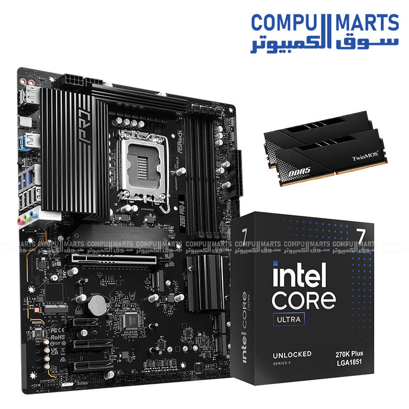 NOVA CMR1 PC hardware bundle featuring Intel Core Ultra 7 270K Plus processor, ASRock Z890 Pro-A LGA1851 motherboard, and TwinMOS VoltX 32GB 6000MHz DDR5 RAM