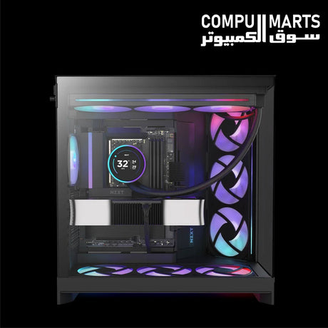 NZXT H9 Flow RGB PC case with 420mm radiator support and multiple cooling fan mounts.