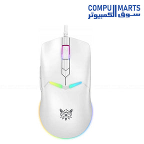 ONIKUMA CW929 White gaming mouse with Insta A825 sensor, adjustable 400 to 6400 DPI settings, RGB lighting, 6 programmable buttons, and 50M click durability