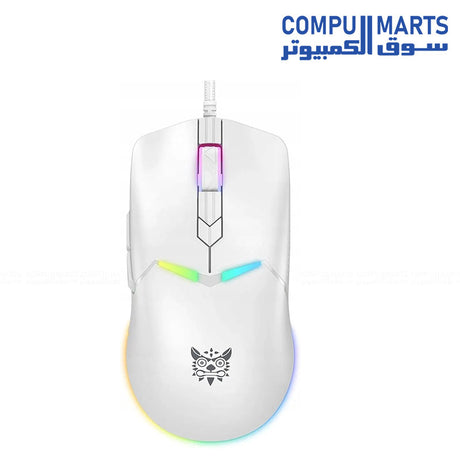 ONIKUMA CW929 White gaming mouse with Insta A825 sensor, adjustable 400 to 6400 DPI settings, RGB lighting, 6 programmable buttons, and 50M click durability
