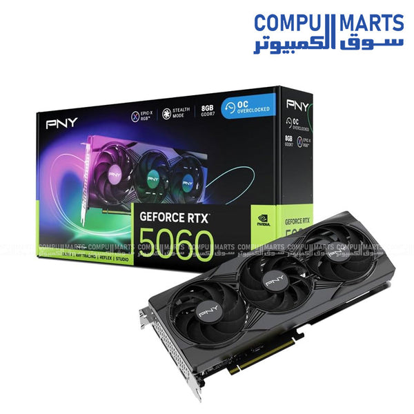 "PNY GeForce RTX 5060 8GB ARGB Overclocked Triple Fan DLSS 4 Graphics Card in Egypt"
