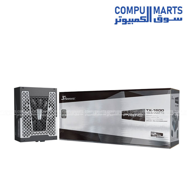 Seasonic Prime TX-1600 1600W Titanium Fully Modular PSU with black braided cables and digital hybrid fan