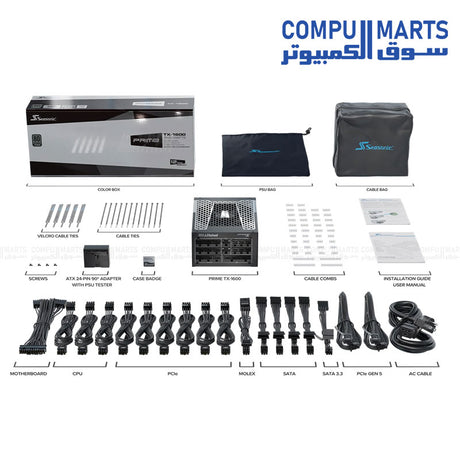 Seasonic Prime TX-1600 1600W Titanium Fully Modular PSU with black braided cables and digital hybrid fan
