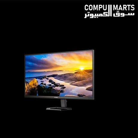 Philips 27E1N5800E 27-inch 4K UHD monitor featuring an ergonomic stand with 130 mm height adjustment, -5 to 20-degree tilt, and 90-degree pivot rotation.