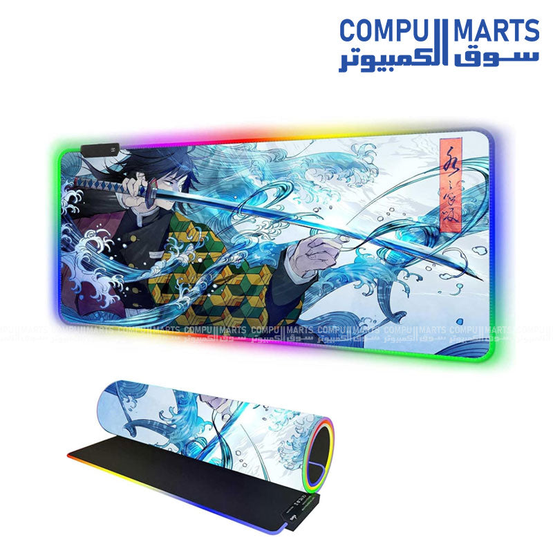 RGB large anime Giyu Sword gaming mouse pad 31.5x15.7 inch with stitched edges and non slip rubber base for keyboard and mouse setup