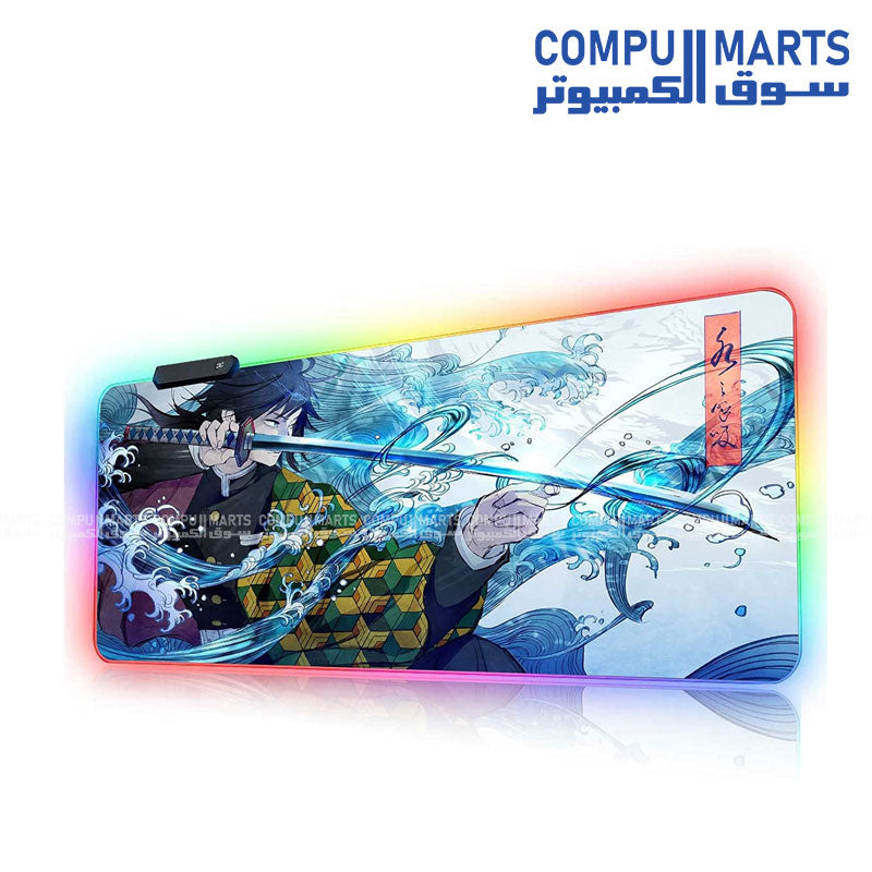 RGB large anime Giyu Sword gaming mouse pad 31.5x15.7 inch with stitched edges and non slip rubber base for keyboard and mouse setup