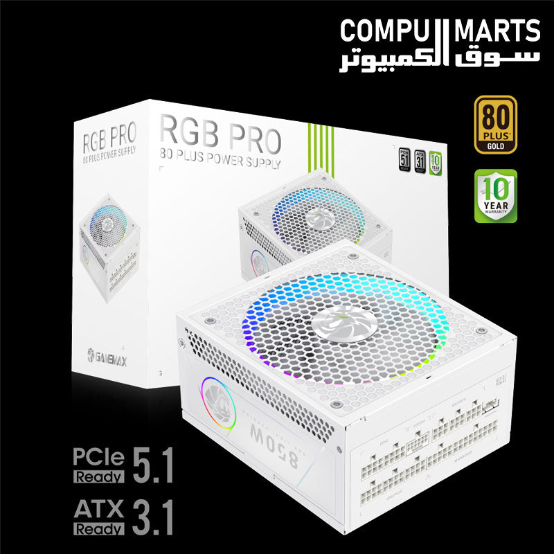 GameMax RGB PRO 850G PSU with customizable ARGB fan lighting