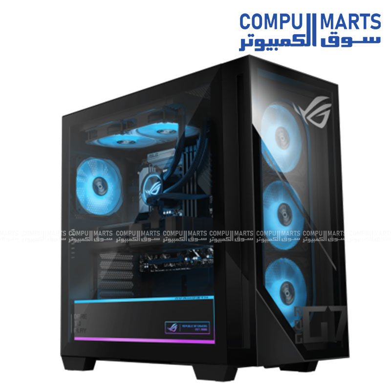 Black ASUS tower desktop with Intel B860 chipset, liquid cooler, and 1000W 80+ Gold power supply at Compumarts