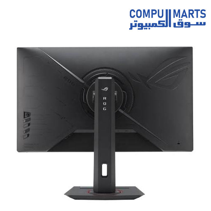 Rear view of the ASUS ROG Strix XG27UCG Gen2 monitor highlighting Aura Sync lighting design and I/O connectivity ports[cite: 1]