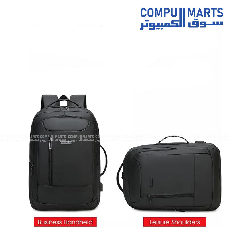 Rahala RAL808 23L black laptop backpack showing padded backstraps, airflow mesh panel, and built-in USB charging port