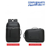Rahala RAL808 23L black laptop backpack showing padded backstraps, airflow mesh panel, and built-in USB charging port