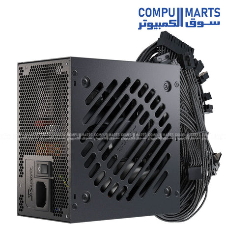 Reliable Seasonic 750W desktop PSU with fixed black braided cables and 120mm cooling fan for PC builds in Egypt