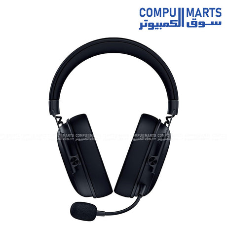 Black gaming headset profile displaying the built-in noise cancellation tech by Razer.