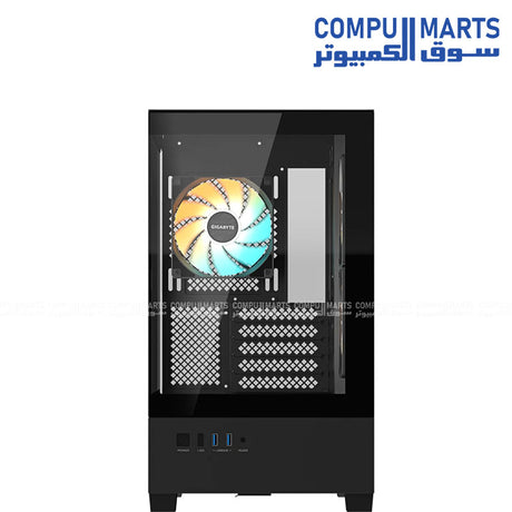 Mid tower desktop case Egypt setup displaying the two side pre-installed 120mm ARGB reverse blade fans and single rear 120mm ARGB fan.