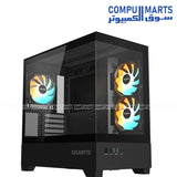 GIGABYTE C201 PANORAMIC case showing the black and white finish, steel chassis parts, and glass exterior framing panels available at Compumarts