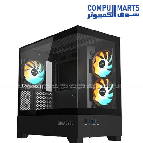 GIGABYTE C201 PANORAMIC case showing the black and white finish, steel chassis parts, and glass exterior framing panels available at Compumarts