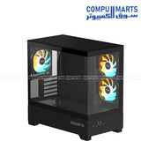 GIGABYTE mini-ITX and m-ATX compatible enclosure detailing the 5 expansion slots and physical dimensions of H431 by W242 by D430 mm.