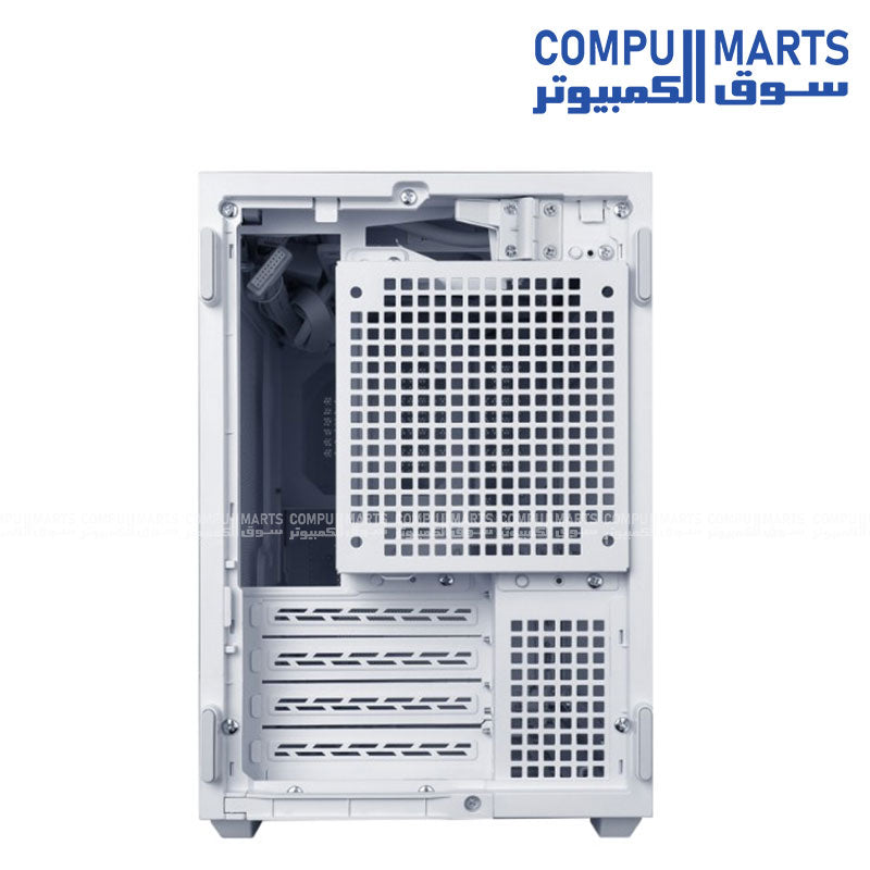 Lian Li DAN B4 Wood compact gaming chassis displayed from a rear three-quarter angle