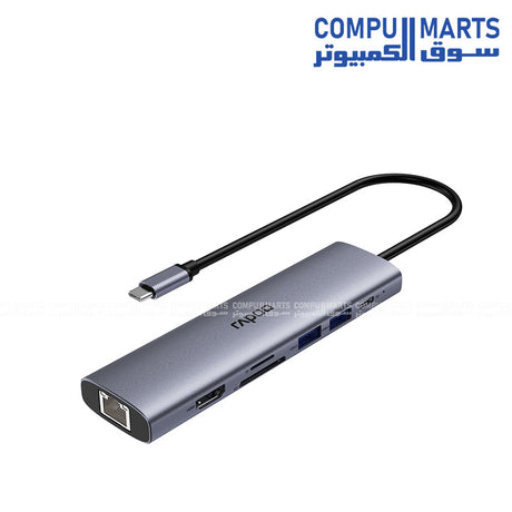 Silver XD71 7-in-1 docking station with 1xUSB-C to PD, HDMI, SD, TF and RJ45 network port