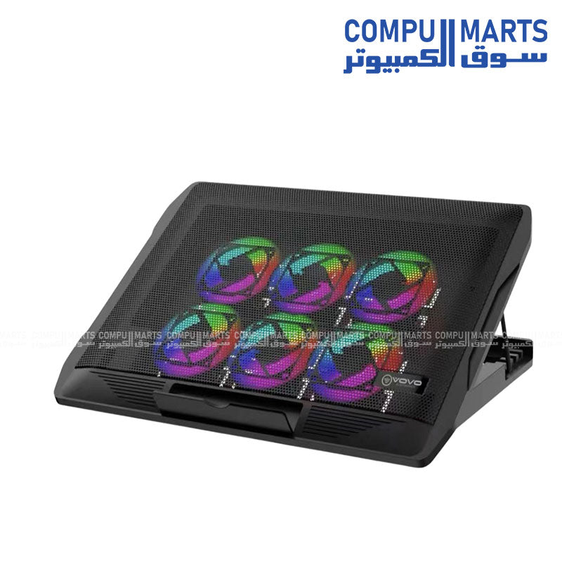 vovo v-05 6-fan gaming laptop cooler pad angled view showing six cooling fans and sturdy black chassis dimensions 360 by 255 by 25 mm