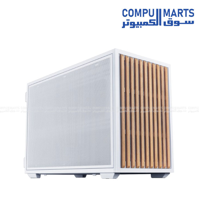 Lian Li DAN B4 Wood Micro Tower Gaming Case angled view showcasing steel and wood materials