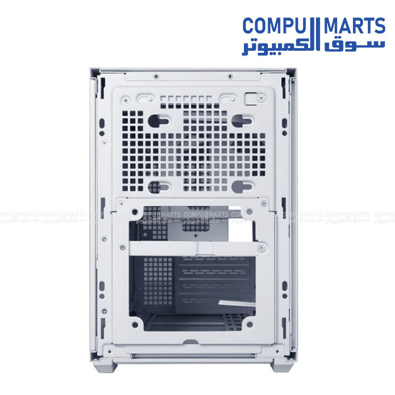 Lian Li DAN B4 Wood tower case close-up showing I/O ports and power button