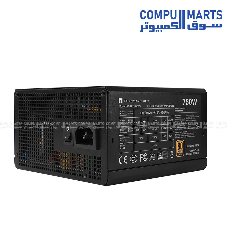 The three TG-750S 750W 80 PLUS GOLD power supplies arranged vertically, highlighting the branding, wattage, and non-modular cable bundles on the right side within an industrial warehouse setting.