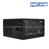 The three TG-750S 750W 80 PLUS GOLD power supplies arranged vertically, highlighting the branding, wattage, and non-modular cable bundles on the right side within an industrial warehouse setting.
