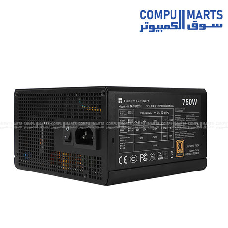 The three TG-750S 750W 80 PLUS GOLD power supplies arranged vertically, highlighting the branding, wattage, and non-modular cable bundles on the right side within an industrial warehouse setting.
