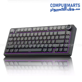 Close-up detailed view of the AULA F75 75 Percent Gaming Keyboard, showcasing the grey and colour gradient keycaps with unique side engraving and vibrant RGB backlighting, set against a blurred gaming setup background