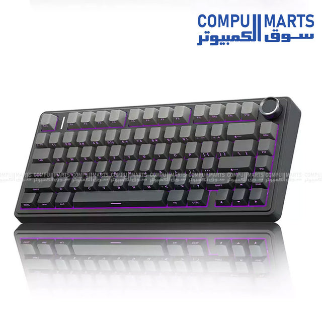 Close-up detailed view of the AULA F75 75 Percent Gaming Keyboard, showcasing the grey and colour gradient keycaps with unique side engraving and vibrant RGB backlighting, set against a blurred gaming setup background