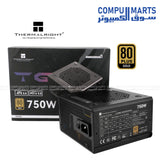 A vertical stack of three identical Compumarts TG-750S 750W 80 PLUS GOLD power supply units with fixed cables, centered on a warehouse floor with blurred shelving in the background.