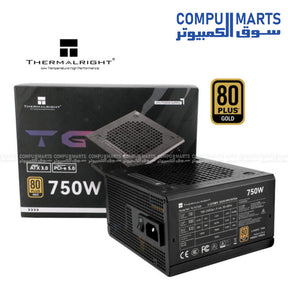 A vertical stack of three identical Compumarts TG-750S 750W 80 PLUS GOLD power supply units with fixed cables, centered on a warehouse floor with blurred shelving in the background.
