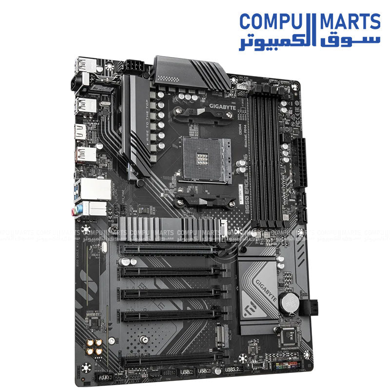 AMD B550 motherboard featuring four DDR4 DIMM slots, dual-channel memory and two M.2 connectors
