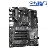AMD B550 motherboard featuring four DDR4 DIMM slots, dual-channel memory and two M.2 connectors