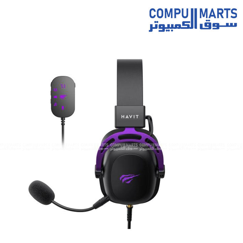 Black and purple Havit H2002C+U gaming headset with boom microphone for wired headset users