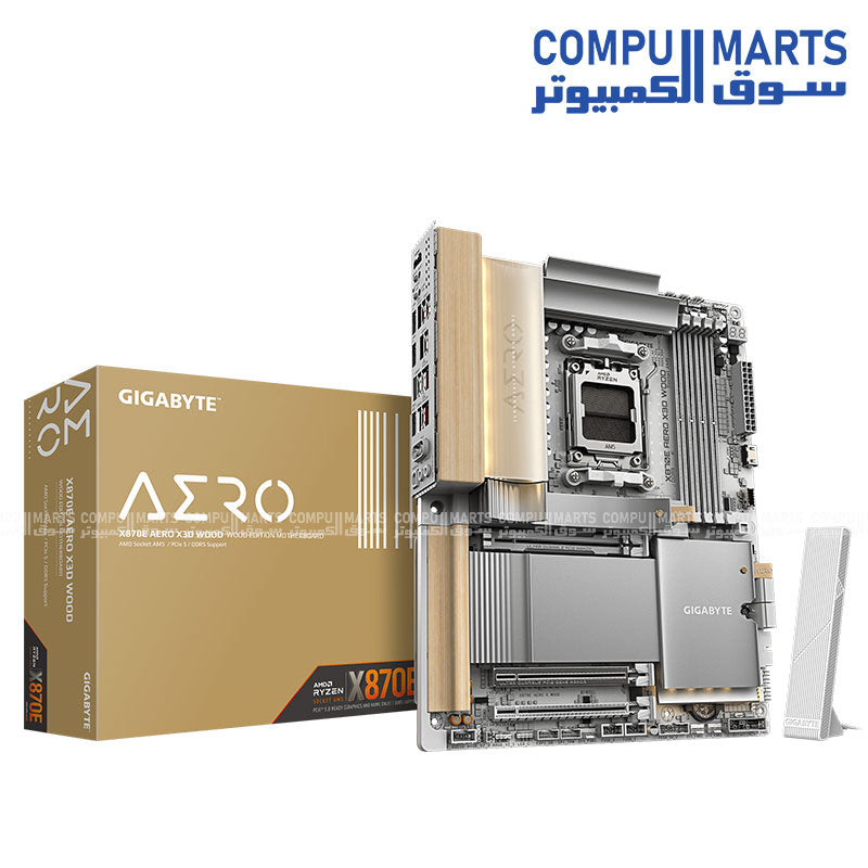 GIGABYTE X870E AERO X3D WOOD motherboard with AMD X870E chipset, AMD Socket AM5 support, DDR5 memory support, PCIe 5.0 expansion and Wi-Fi 7 connectivity