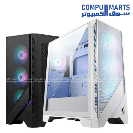 MSI MAG Forge 320R Airflow computer case with premium 3mm tempered glass, Mystic Light Sync support, ARGB lighting, multiple fan mounting locations, and front USB 3.2 Gen 1 Type-A connectivity.