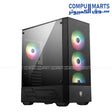 MSI MAG Forge 112R Premium Mid-Tower Gaming PC Case with tempered glass side panel, four pre-installed ARGB 120mm fans, vented front panel, and support for ATX, M-ATX, and ITX motherboards available in Egypt from Compumarts.