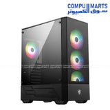 MSI MAG Forge 112R Premium Mid-Tower Gaming PC Case with tempered glass side panel, four pre-installed ARGB 120mm fans, vented front panel, and support for ATX, M-ATX, and ITX motherboards available in Egypt from Compumarts.