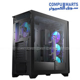 Mid-tower computer case with four pre-installed ARGB PWM fans, multiple radiator mounting options, and support for graphics cards up to 360 mm from Compumarts.