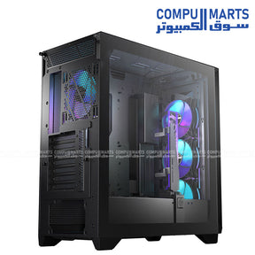 Mid-tower computer case with four pre-installed ARGB PWM fans, multiple radiator mounting options, and support for graphics cards up to 360 mm from Compumarts.