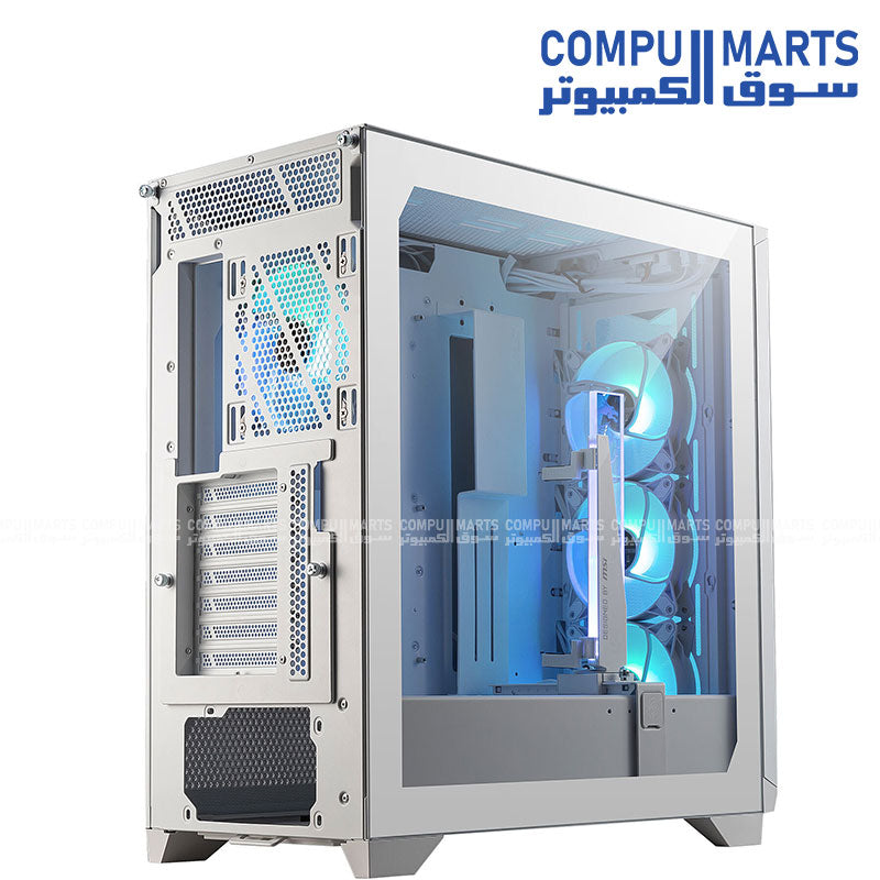 Mid-tower computer case with four pre-installed ARGB PWM fans, multiple radiator mounting options, and support for graphics cards up to 360 mm from Compumarts.