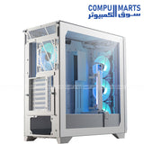 Mid-tower computer case with four pre-installed ARGB PWM fans, multiple radiator mounting options, and support for graphics cards up to 360 mm from Compumarts.