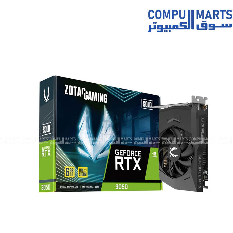 ZOTAC GAMING GeForce RTX 3050 6GB Solo graphics card with NVIDIA Ampere architecture, 2304 CUDA Cores, 6GB GDDR6 memory, PCI Express 4.0, and single fan cooling available in Egypt.