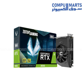 ZOTAC GAMING GeForce RTX 3050 6GB Solo graphics card with NVIDIA Ampere architecture, 2304 CUDA Cores, 6GB GDDR6 memory, PCI Express 4.0, and single fan cooling available in Egypt.